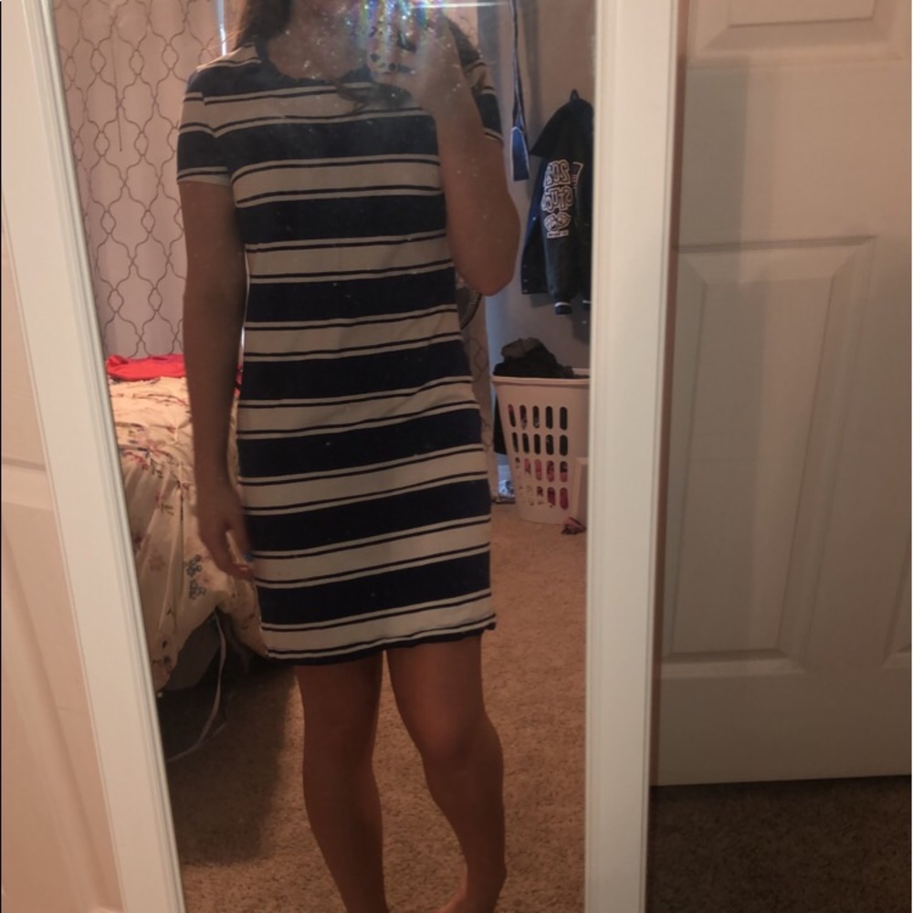 blue and white striped dress